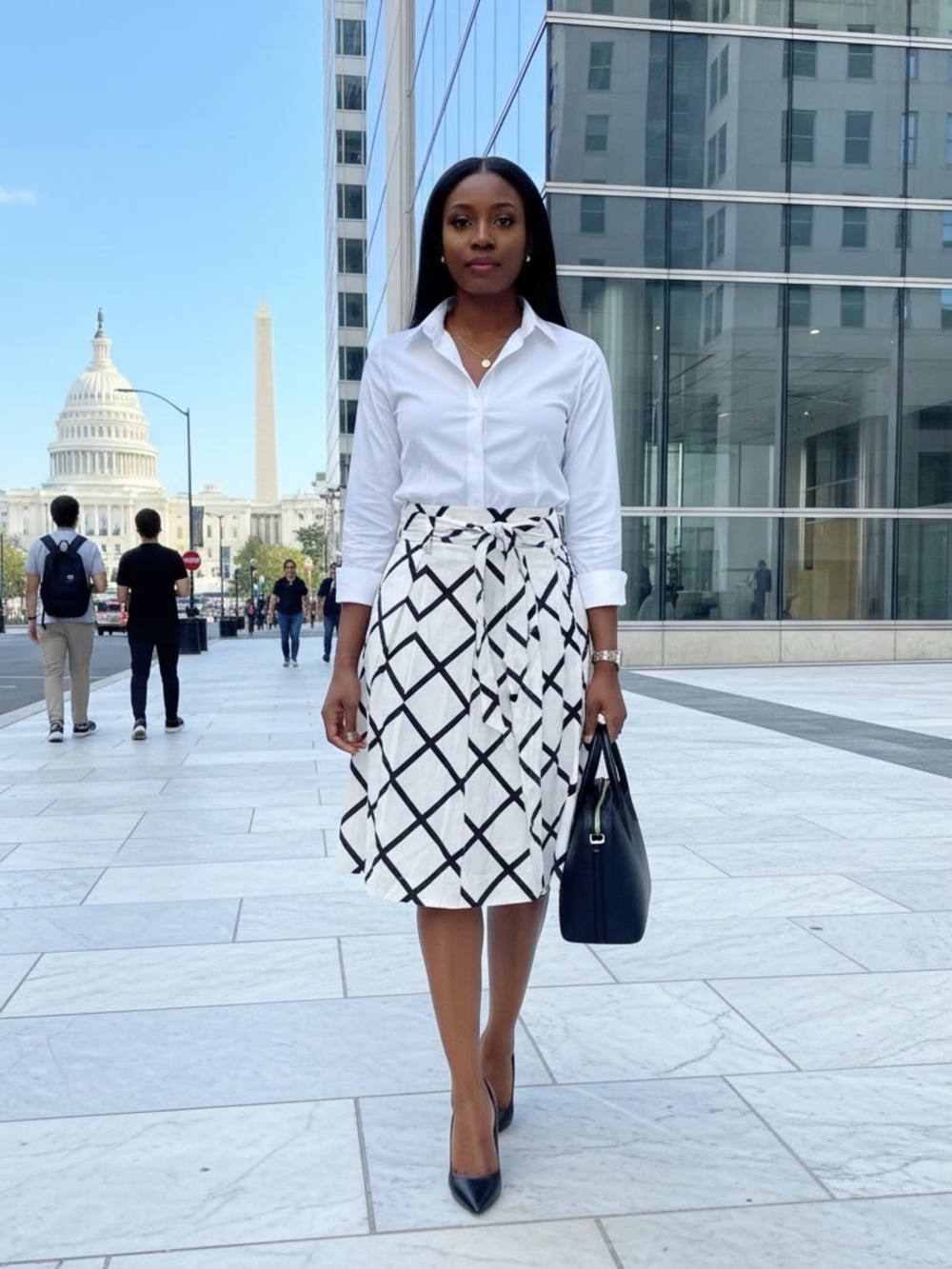 INC International Concepts Windowpane A-Line Grid Midi Skirt White Black 10P
